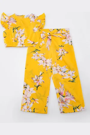 Nauti Nati Girls Yellow Floral Print Cotton Ruffle Sleeve Clothing Set