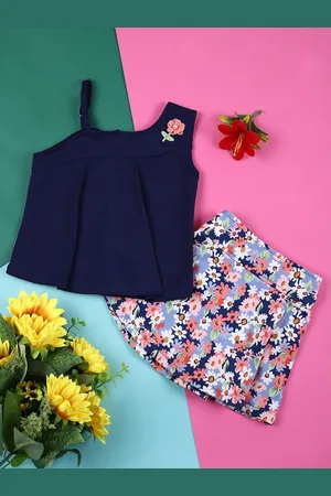 V-Mart Girls Georgette Top With Printed Skirt