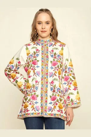 CRAFTBAZAR Women Mandarin Collar Floral Embroidered Casual Tailored Jacket