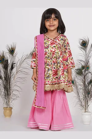 Little Bansi Girls Pink Printed Angrakha Gotta Patti Kurta with Sharara & With Dupatta