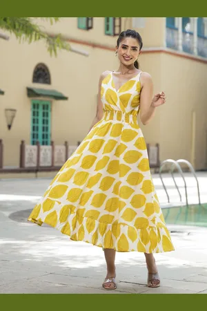 BAESD Women Tropical Printed Smocked & Tiered Cotton Fit & Flare Midi Dress
