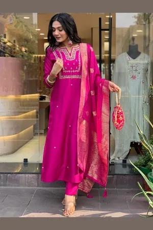 HERE&NOW Women Embroidered Regular Chanderi Silk Kurta with Pyjamas & With Dupatta