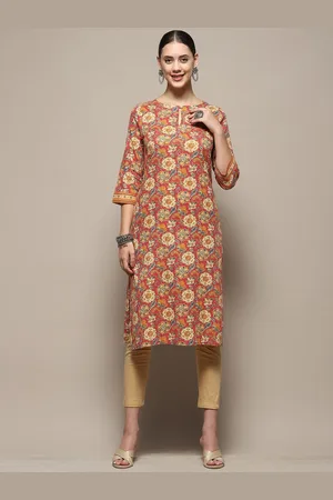 Biba Floral Printed Keyhole Neck Straight Cotton Kurta
