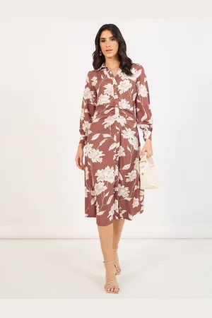 Styli Women Floral Print Collared Long Sleeves A-Line Midi Dress