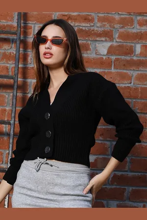 Campus Women V-Neck Ribbed Crop Cardigan