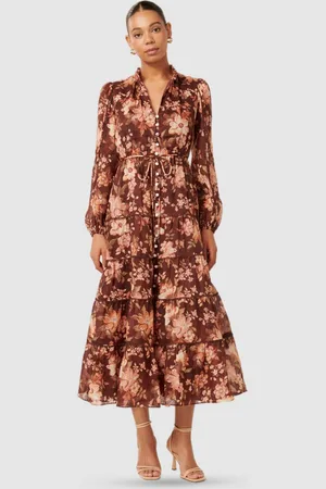 Forever New Floral Print Bishop Sleeve A-Line Midi Dress