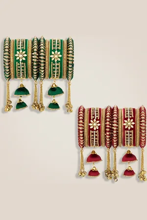 Peora Set Of 2 Gold-Plated Kundan Stone-Studded & Beaded Velvet Bangles