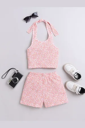 taffykids Girls Polka Dots Printed Pure Cotton Halter Neck Top With Shorts