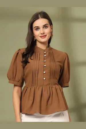 Pluss Women Mandarin Collar Cotton Peplum Top