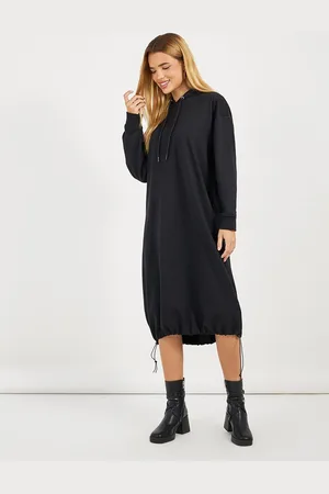 Styli Women Oversized Fit Hooded Sweatshirt Midi Dress with Toggle Hem