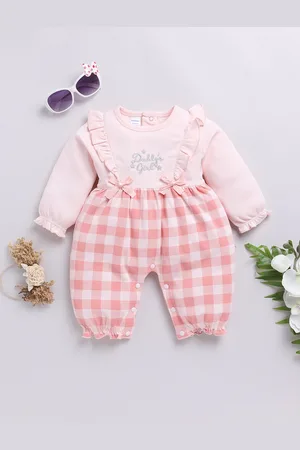 Moms Love Infant Girls Checked Pure Cotton Rompers With Ruffle Detail