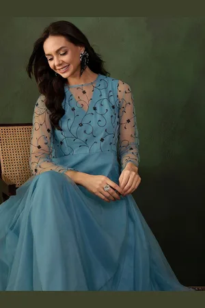 Sangria Floral Thread and Sequined Embroidered A-Line Ethnic Dress