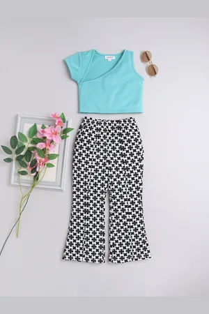 taffykids Girls Asymmetrical Neck Crop top Top With Printed Trousers