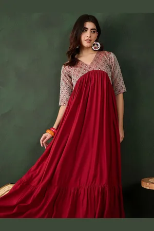 Sangria Woven Design V-Neck Ethnic Dress