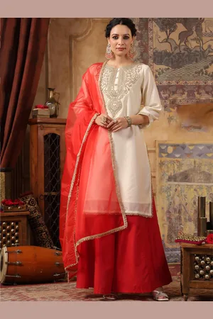 SCAKHI Women Floral Embroidered Regular Sequinned Dupion Silk Kurta with Palazzos & With Dupatta