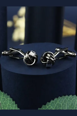 PELUCHE Silver Gun Metal Toned Knot Textured Cufflink
