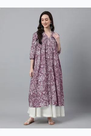 Janasya Floral Printed Pure Cotton V-Neck Anarkali Kurta