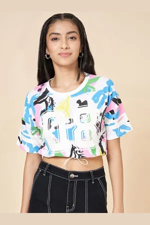 Pantaloons Girls Printed Mandarin Collar Extended Sleeves Raw Edge T-shirt