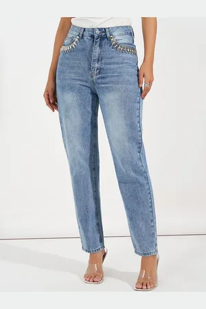 Styli Women High Rise Straight Leg Embellished Ankle Length Jeans