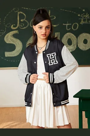 BAESD Girls Typography Fleece Crop Outdoor Varsity Jacket with Patchwork