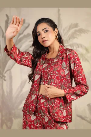 Janasya Floral Printed Scoop Neck Crop Top, Jacket With Trousers Co-Ords Set