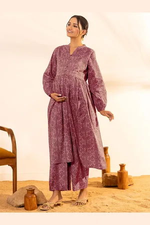 Janasya Ethnic Motifs Printed Pure Cotton A Line Maternity Kurta with Trousers