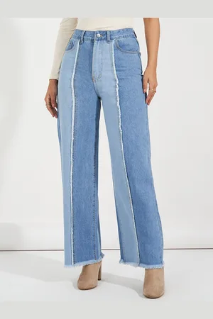 Styli Women Cut & Sew Panel Frayed Edge Wide Leg Jeans