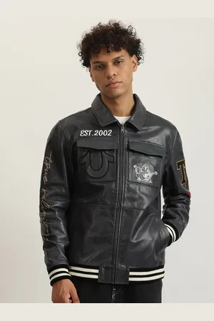 True Religion Men Leather Biker Jacket with Patchwork
