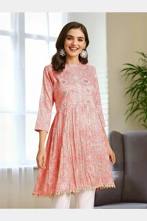 Ishin Pink Ethnic Printed High Neck A-Line Ethnic Top