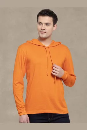 Friskers Men Orange Cotton Solid Hoodie T-shirt