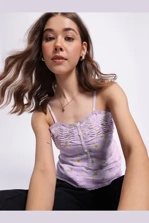 DressBerry Lavender Love Daisy Dreams Lace Inserts Pleated Printed Top