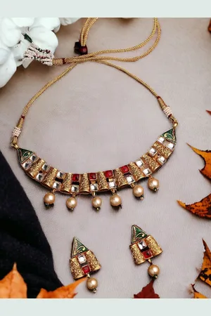 Asmitta Jewellery 24KT Gold-Plated Kundan Studded & Beaded Meenakari ChokerJewellery Set