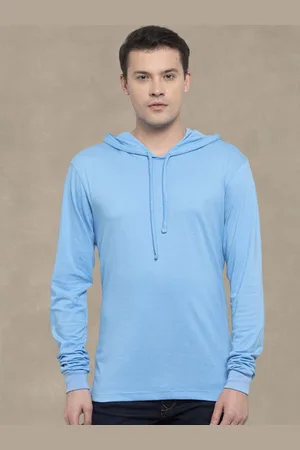 Friskers Men Turquoise Blue Cotton Solid Hoodie T-shirt