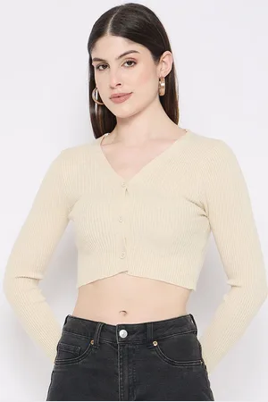 Camey Women Woollen Ribbed V-Neck Crop Cardigan