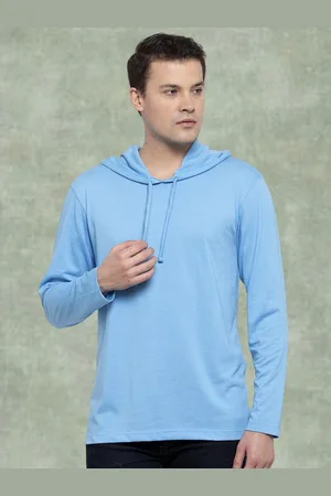 Friskers Men Turquoise Blue Cotton Solid Hoodie T-shirt