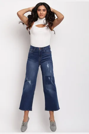 TALES & STORIES Women Blue Wide Leg Mildly Distressed Light Fade Stretchable Jeans