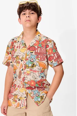 The Souled Store Boys Cuban Collar Conversational Printed Cotton Casual Shirt