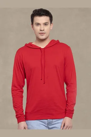 Friskers Men Red Cotton Solid Hoodie T-shirt