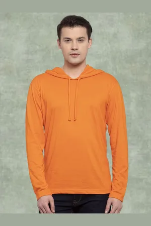 Friskers Men Orange Cotton Solid Hoodie T-shirt