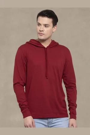 Friskers Men Maroon Cotton Solid Hoodie T-shirt