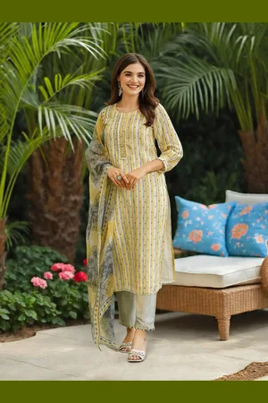 Ishin Women Striped Thread Work Silk Chiffon Kurta with Trousers & Dupatta