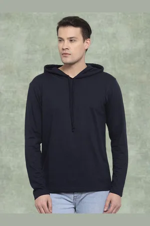 Friskers Men Navy Blue Cotton Solid Hoodie T-shirt