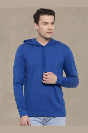 Friskers Men Royal Blue Cotton Solid Hoodie T-shirt