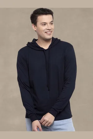 Friskers Men Navy Blue Cotton Solid Hoodie T-shirt