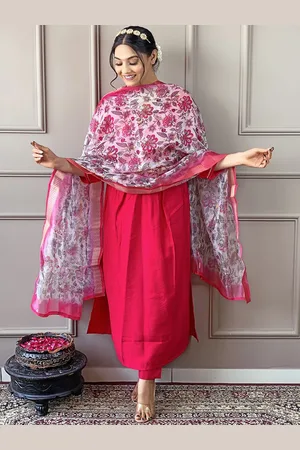 HERE&NOW Women Embroidered Regular Sequinned Chanderi Silk Kurti with Trousers & With Dupatta