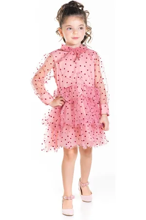 Cherry Crumble Girls Pink & Maroon Net Polka Dots Embossed Print A-Line Dress