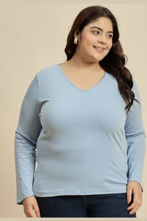 CURVY STREET Women Solid V-Neck Cotton Plus Size T-shirt