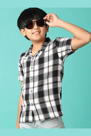 V-Mart Boys Cuban Collar Tartan Checked Cotton Casual Shirt