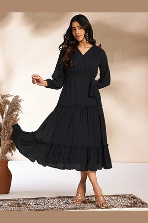 Janasya Puff Sleeve Chiffon Fit & Flare Midi Dress