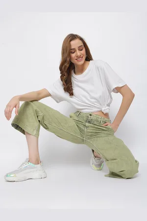 TALES & STORIES Women Olive Green Wide Leg Stretchable Jeans